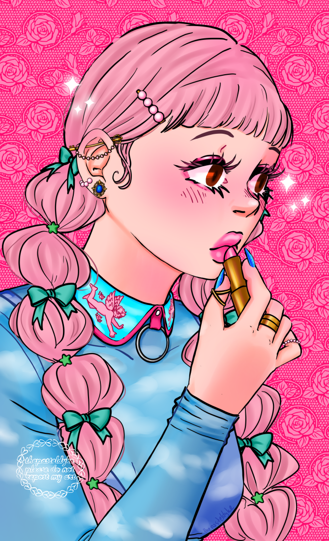 Miwako from Paradise Kiss looking to the side, a tube of lipstick against her lips, painting them pink. Her hair is done in bubble braids with ribbons and stars. She's wearing a semi-sheer shirt with a blue base and white clouds, as well as a collar with angels on it.